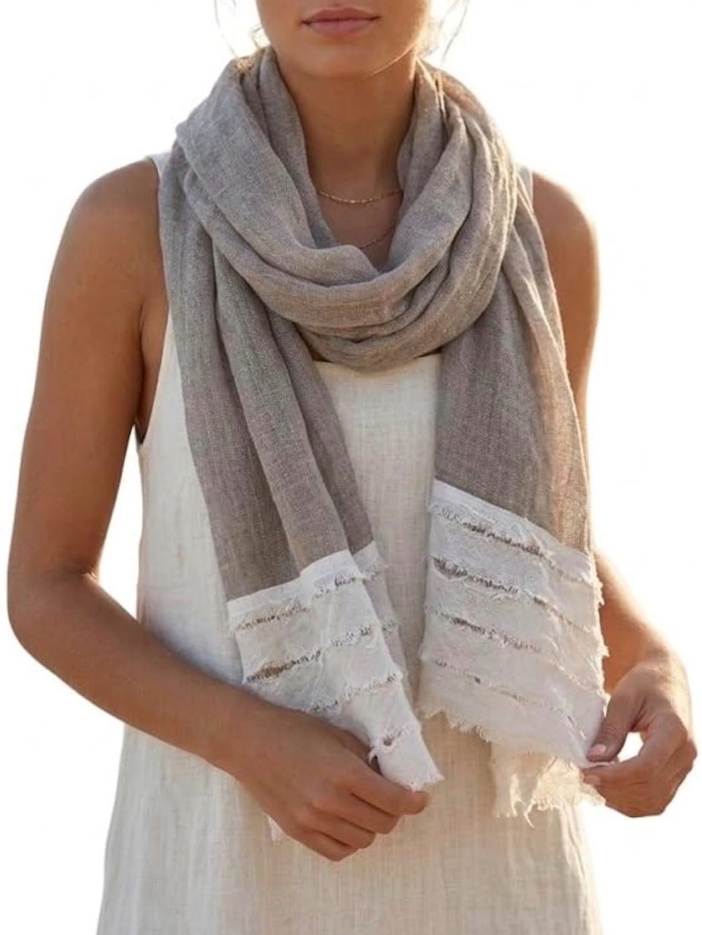 Linen Fringe Scarf - Taupe/White
